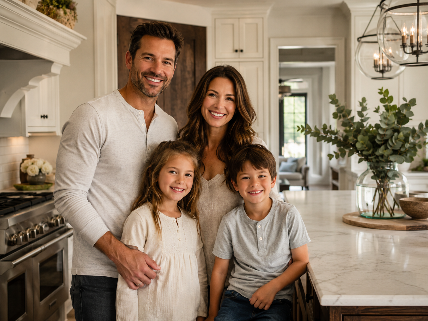 Affluent white family in a luxury home kitchen